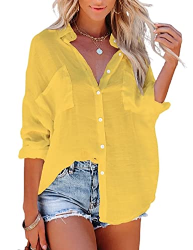 Bsubseach Women Casual Navy Turn Down Collar Bikini Bathing Suit Cover Ups Long Sleeve Beach Cover Up with Pockets