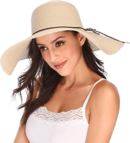 Lanzom Womens 5.5 Inches Wide Brim Straw Hat Floppy Foldable Roll up Cap Beach Sun Hat