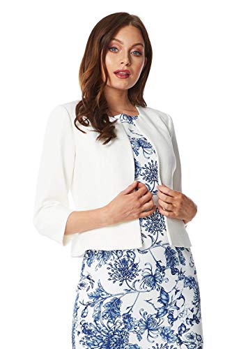 Roman Originals Cropped Bolero Jacket Shrug for Women UK Ladies Jacquard Tailored Fitted Blazer Round Collar Smart Work Formal Evening Wedding Guests Short 2 Pockets