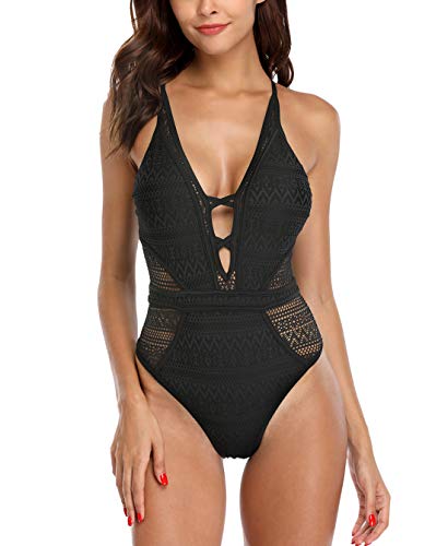 CharmLeaks Women's One Piece Swimming Costume Plunge Cutout Monokini Bathing Suit