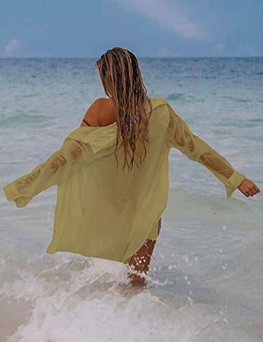 Bsubseach Long Sleeve Beach Shirt Blouses Women Turn Down Collar Bikini Bathing Suit Cover Ups Swimwear Apricot