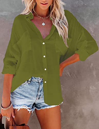 Bsubseach Women Casual Navy Turn Down Collar Bikini Bathing Suit Cover Ups Long Sleeve Beach Cover Up with Pockets