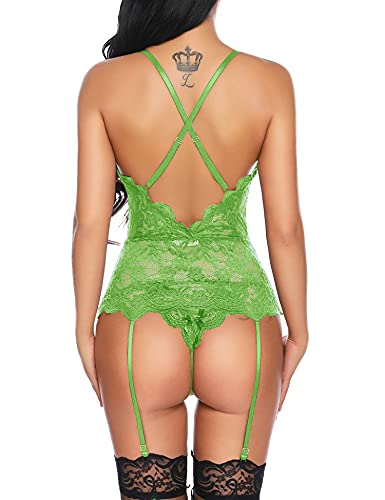 Aranmei Women Sexy Garter Lingerie Set Lace Teddy Bodysuit Deep V Neck Crisscross Back Strap Underwear with Panty