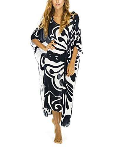 Bsubseach Chiffon Print Shirt Dress Beach Cover Up Loose Turn Down Collar Long Sleeve Bikini Kaftan Cover Ups for Swimwear Women