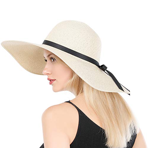 Lanzom Womens 5.5 Inches Wide Brim Straw Hat Floppy Foldable Roll up Cap Beach Sun Hat