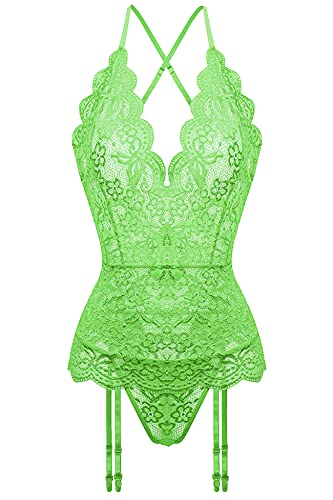 Aranmei Women Sexy Garter Lingerie Set Lace Teddy Bodysuit Deep V Neck Crisscross Back Strap Underwear with Panty