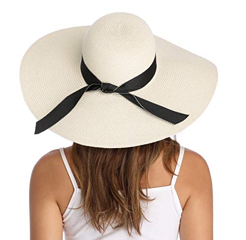 Lanzom Womens 5.5 Inches Wide Brim Straw Hat Floppy Foldable Roll up Cap Beach Sun Hat