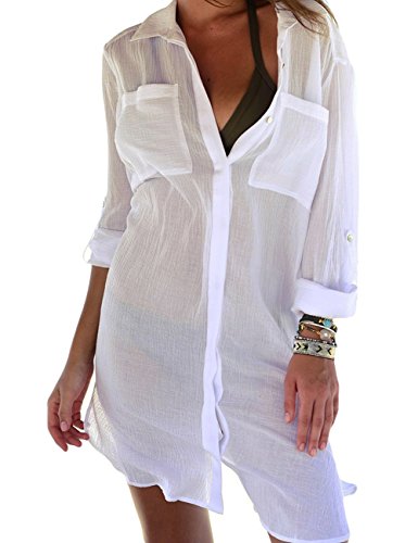Bsubseach Women Casual Navy Turn Down Collar Bikini Bathing Suit Cover Ups Long Sleeve Beach Cover Up with Pockets