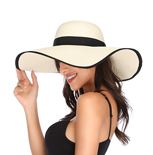 Lanzom Womens 5.5 Inches Wide Brim Straw Hat Floppy Foldable Roll up Cap Beach Sun Hat