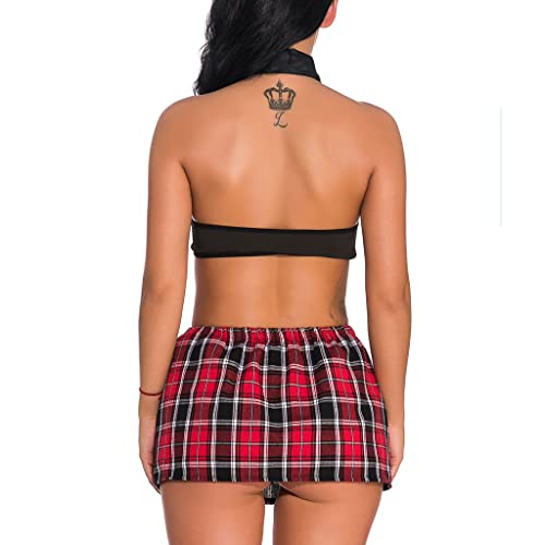 ROSVAJFY Women Sexy Cosplay Lingerie Outfit Set 2 Pcs Costume Preppy Style Shirt Skirt Tie Naughty Wear Button Design Side Split Mini Plaid Fancy Dress Uniform for Party Club Halloween White-Green