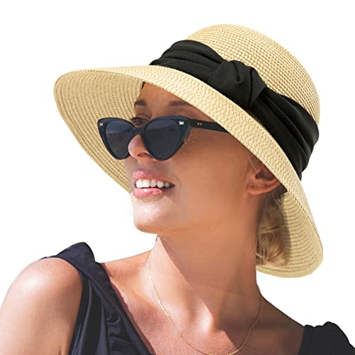 Comhats Sun Hats for Women Foldable UV Protection Large Wide Brimmed Floppy Panama Style Straw Beach Hat Fashionable Fedora Adjustable Beige