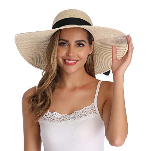 Lanzom Womens 5.5 Inches Wide Brim Straw Hat Floppy Foldable Roll up Cap Beach Sun Hat