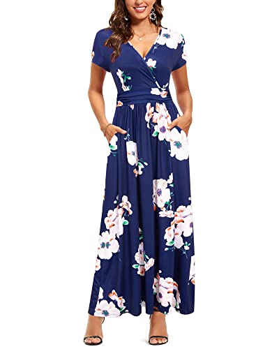 OUGES Women's Summer Casual V Neck Short Sleeve Floral Pattern Wrap Ladies Maxi Long Dress with Pockets