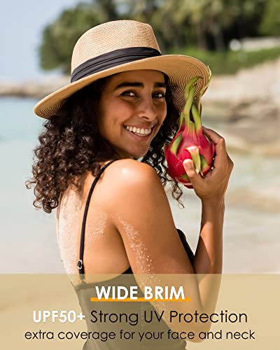 FURTALK Sun Hats for Women Men, Adjustable Summer Panama Fedora Wide Brim Hat UV UPF 50+,Foldable Packable Straw Beach Hat Beige