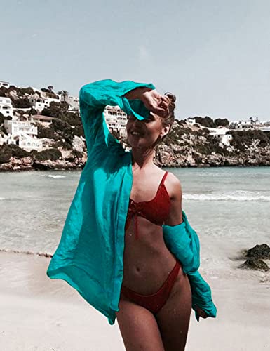 Bsubseach Long Sleeve Beach Shirt Blouses Women Turn Down Collar Bikini Bathing Suit Cover Ups Swimwear Apricot