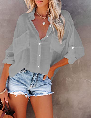 Bsubseach Women Casual Navy Turn Down Collar Bikini Bathing Suit Cover Ups Long Sleeve Beach Cover Up with Pockets