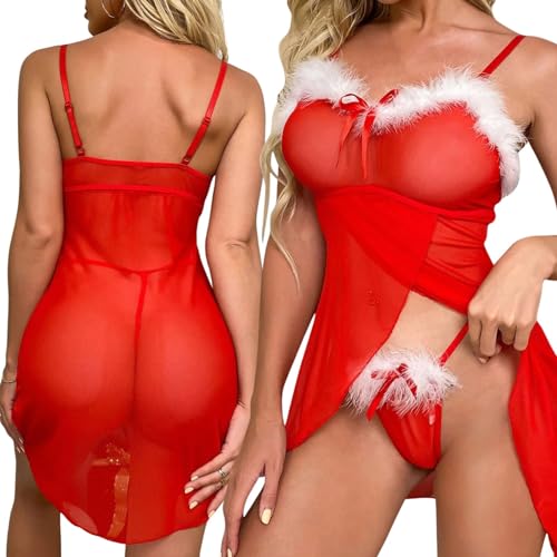 Women's Sexy Christmas Lingerie Night Dress with Thong, Ladies Red Santa Babydoll Chemise Backless, See Through Lace Mesh Spice Nightgown Outfit, V Neck Nightwear Negligee, Slit Front Xmas Sleepwear