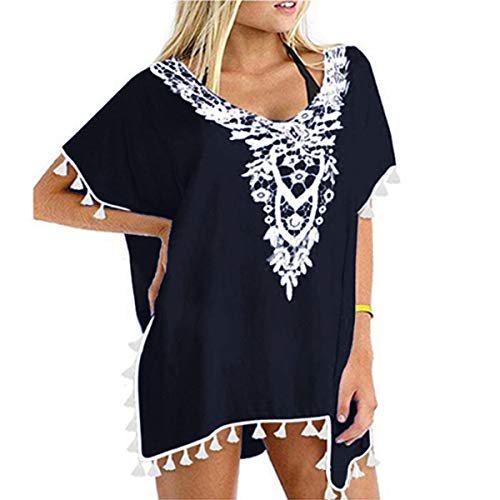 Women's Chiffon Tassel Swimsuit Summer Beach Cover Up Swimwear Dress Beachwear (Black)