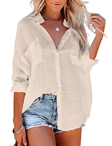 Bsubseach Women Casual Navy Turn Down Collar Bikini Bathing Suit Cover Ups Long Sleeve Beach Cover Up with Pockets