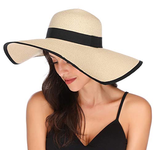 Lanzom Womens 5.5 Inches Wide Brim Straw Hat Floppy Foldable Roll up Cap Beach Sun Hat