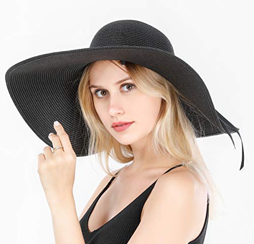 Lanzom Womens 5.5 Inches Wide Brim Straw Hat Floppy Foldable Roll up Cap Beach Sun Hat