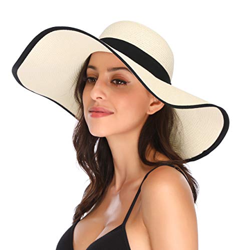Lanzom Womens 5.5 Inches Wide Brim Straw Hat Floppy Foldable Roll up Cap Beach Sun Hat
