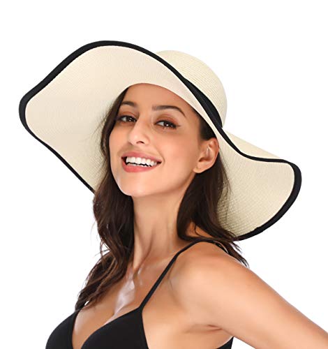 Lanzom Womens 5.5 Inches Wide Brim Straw Hat Floppy Foldable Roll up Cap Beach Sun Hat