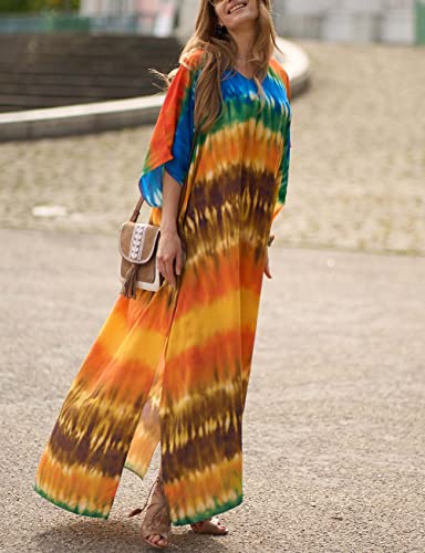 Bsubseach Green Snake Print Loose Kaftan Dress Plus Size Beach Cover Up Half Sleeve Caftan Maxi Dress for Women