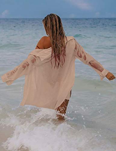 Bsubseach Long Sleeve Beach Shirt Blouses Women Turn Down Collar Bikini Bathing Suit Cover Ups Swimwear Apricot
