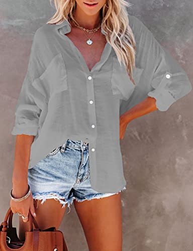 Bsubseach Women Casual Navy Turn Down Collar Bikini Bathing Suit Cover Ups Long Sleeve Beach Cover Up with Pockets