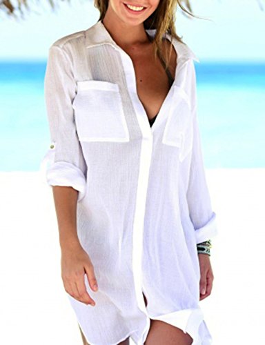 Bsubseach Women Casual Navy Turn Down Collar Bikini Bathing Suit Cover Ups Long Sleeve Beach Cover Up with Pockets
