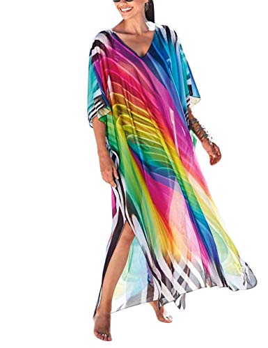 Bsubseach Chiffon Print Shirt Dress Beach Cover Up Loose Turn Down Collar Long Sleeve Bikini Kaftan Cover Ups for Swimwear Women