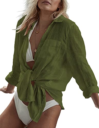 Bsubseach Long Sleeve Beach Shirt Blouses Women Turn Down Collar Bikini Bathing Suit Cover Ups Swimwear Apricot