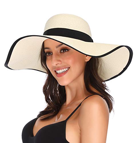 Lanzom Womens 5.5 Inches Wide Brim Straw Hat Floppy Foldable Roll up Cap Beach Sun Hat