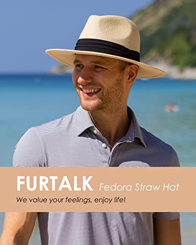 FURTALK Sun Hats for Women Men, Adjustable Summer Panama Fedora Wide Brim Hat UV UPF 50+,Foldable Packable Straw Beach Hat Beige