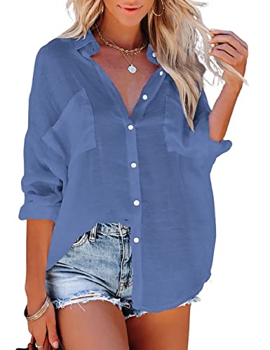Bsubseach Women Casual Navy Turn Down Collar Bikini Bathing Suit Cover Ups Long Sleeve Beach Cover Up with Pockets