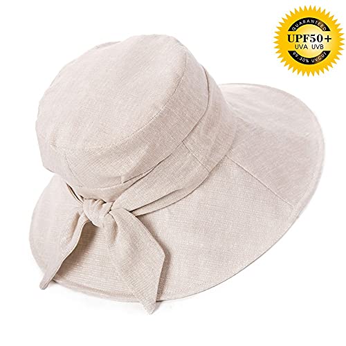 Comhats Ladies Sun Hat Foldable UPF 50 Wide Brim with Neck Protection Summer Spring UV Cotton Safari Gardening Walking Hat with Chin Strap Beige Small