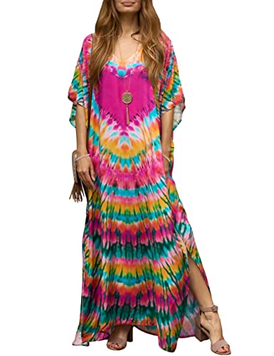 Bsubseach Green Snake Print Loose Kaftan Dress Plus Size Beach Cover Up Half Sleeve Caftan Maxi Dress for Women