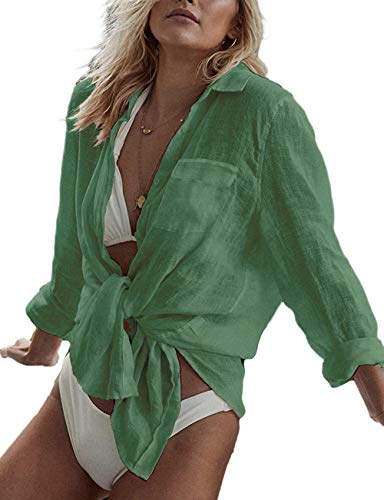 Bsubseach Long Sleeve Beach Shirt Blouses Women Turn Down Collar Bikini Bathing Suit Cover Ups Swimwear Apricot