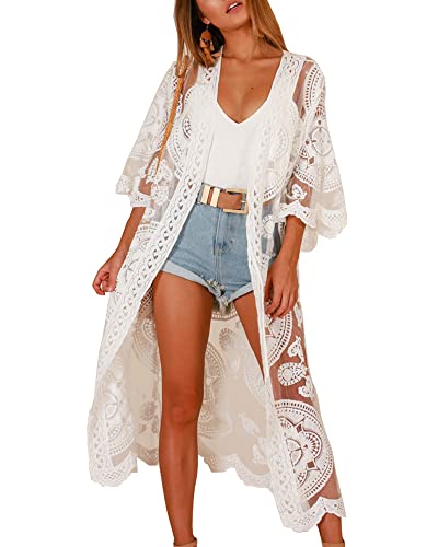 Women Swimsuit Cover Up Bathing Suit Kimono Long Beach Dress Floral Lace Bikini Swim Coverup Sun Protection Clothing