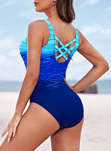 Aleumdr Ladies Gradient Color Block Printed Soft Cup Swimming Suits Sleeveless One Piece Swimming Costume for Women