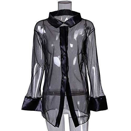 Womens Sexy Sheer Shirt Sleepshirt Pajamas See Through Babydoll Nightshirts Sleepwear Nightwear Long Sleeve Blouse Button Up for Women Ladies Bedroom Sex