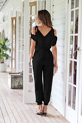 ECOWISH Women's V Neck Spaghetti Strap Drawstring Waisted Long Pants Jumpsuit Rompers