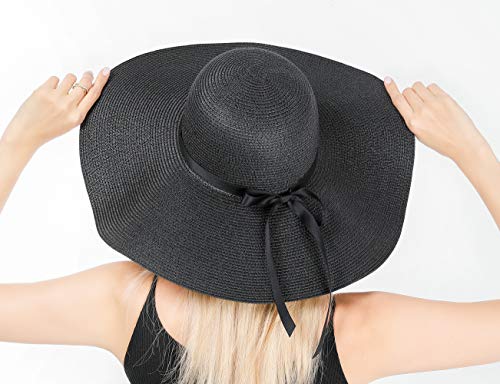 Lanzom Womens 5.5 Inches Wide Brim Straw Hat Floppy Foldable Roll up Cap Beach Sun Hat
