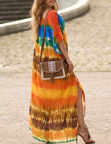 Bsubseach Green Snake Print Loose Kaftan Dress Plus Size Beach Cover Up Half Sleeve Caftan Maxi Dress for Women
