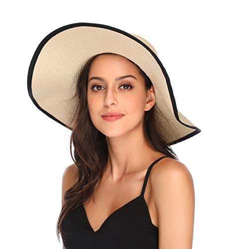 Lanzom Womens 5.5 Inches Wide Brim Straw Hat Floppy Foldable Roll up Cap Beach Sun Hat