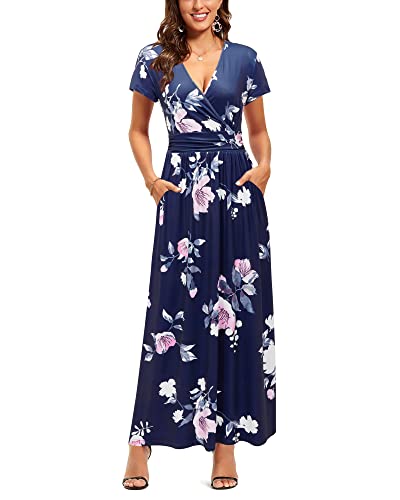 OUGES Women's Summer Casual V Neck Short Sleeve Floral Pattern Wrap Ladies Maxi Long Dress with Pockets