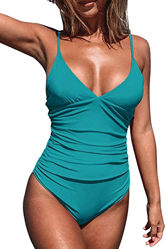 CUPSHE Women Swimsuit One Piece V Neck Tummy Control Ruched Front Low Back Bathing Suit Swimwear