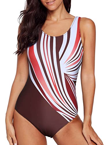 Aleumdr Ladies Gradient Color Block Printed Soft Cup Swimming Suits Sleeveless One Piece Swimming Costume for Women