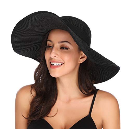 Lanzom Womens 5.5 Inches Wide Brim Straw Hat Floppy Foldable Roll up Cap Beach Sun Hat
